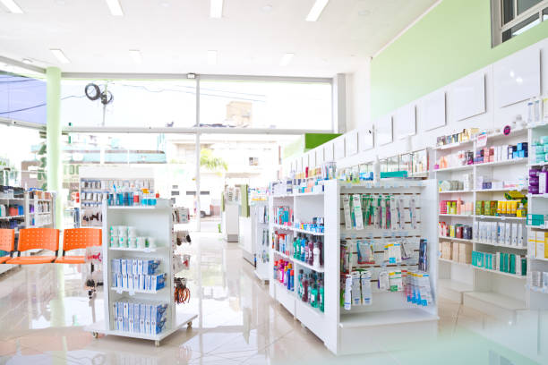 Modern pharmacy counter with medicine shelves